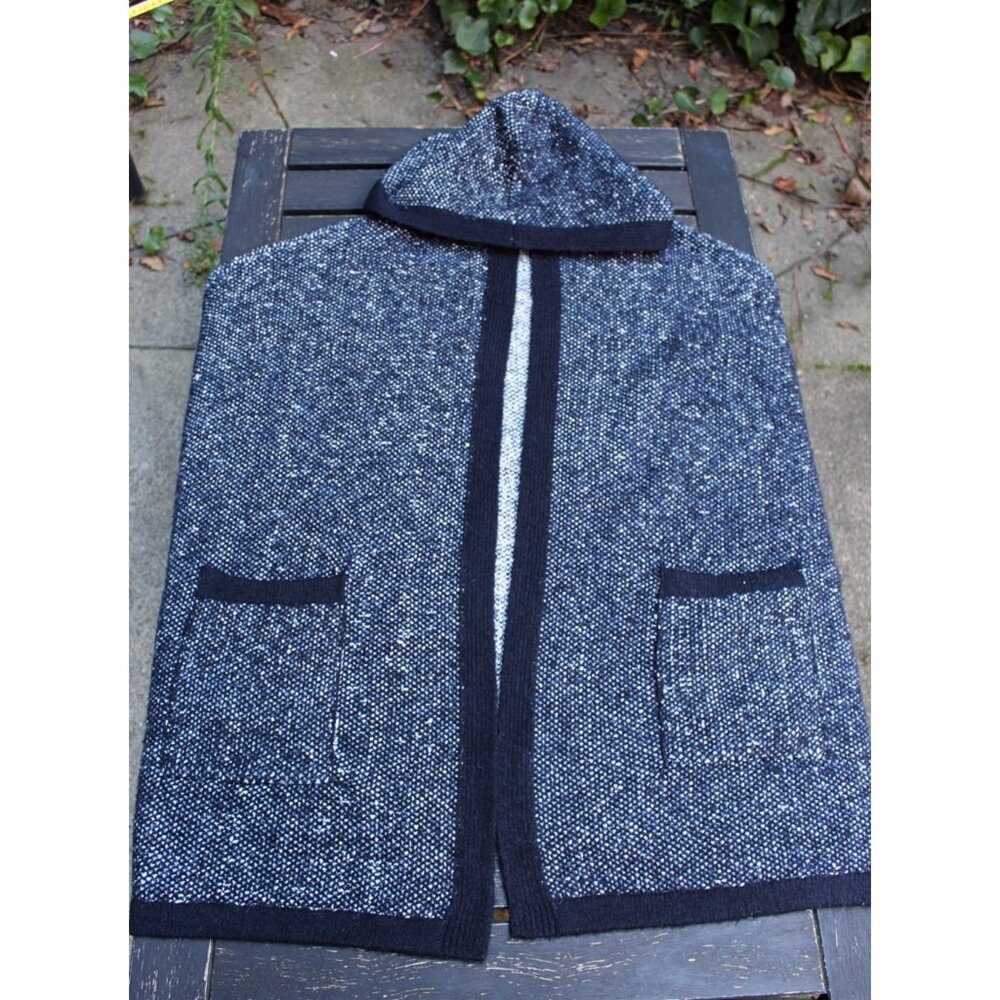 Zara Knit - Women's Stretch Wool Tweed Hooded Poncho in Navy,, Med Oversized - Picture 6 of 10